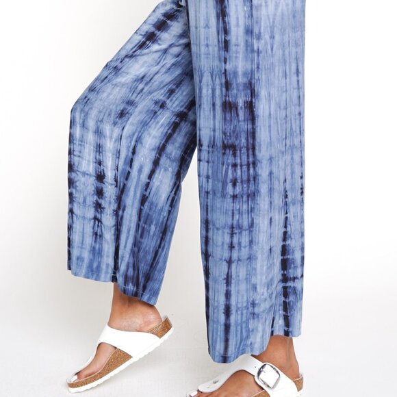 MYSTREE Blue Tie-Dye Smocked Waist Wide Leg Pants | Boho Comfy Summer Lounge - Picture 3 of 5